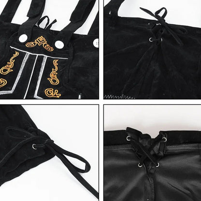 Schwarze Lederhose mit goldener Stickerei und Schnürung, traditionelles bayerisches Design.