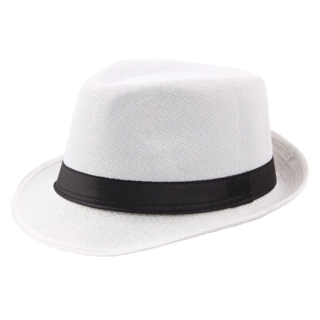 Weißer Fedora-Hut mit schwarzem Band, elegantes Accessoire, Unisex-Mode, Sommerhut.