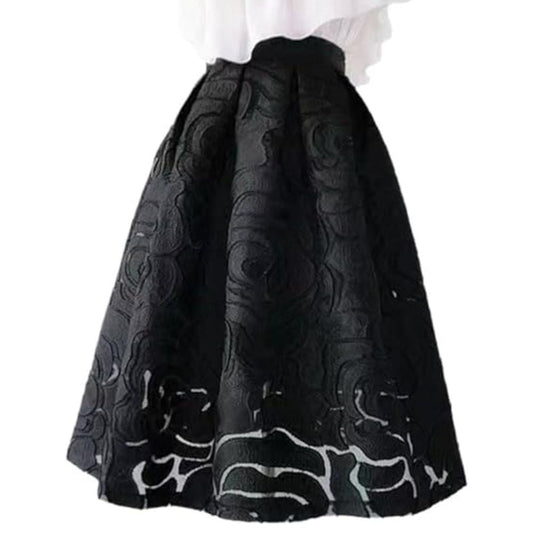 Schwarzer A-Linien-Rock mit Blumenmuster, elegant, knielang, Damenmode.