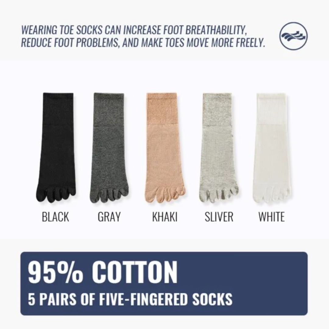 Fünf Paar Zehensocken, 95% Baumwolle, Farben: Schwarz, Grau, Khaki, Silber, Weiß.
