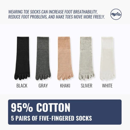 Fünf Paar Zehensocken, 95% Baumwolle, Farben: Schwarz, Grau, Khaki, Silber, Weiß.