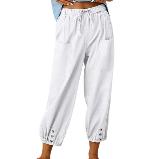 Weiße Damenhose mit Taschen, elastischem Bund und Knöpfen, lässig, bequem, Sommermode.