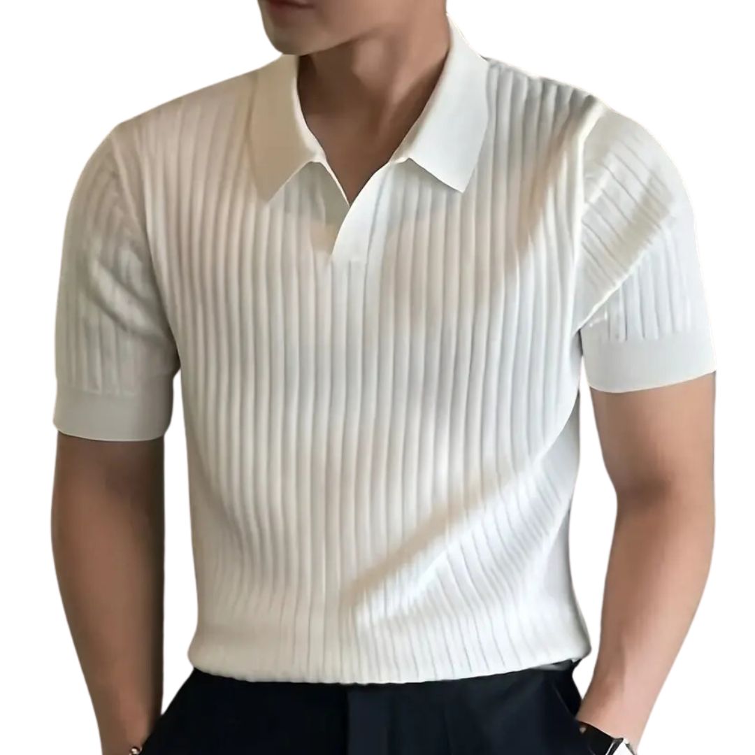 Herren Polohemd, weiß, gerippt, kurzärmelig, elegantes Design, Freizeitmode.