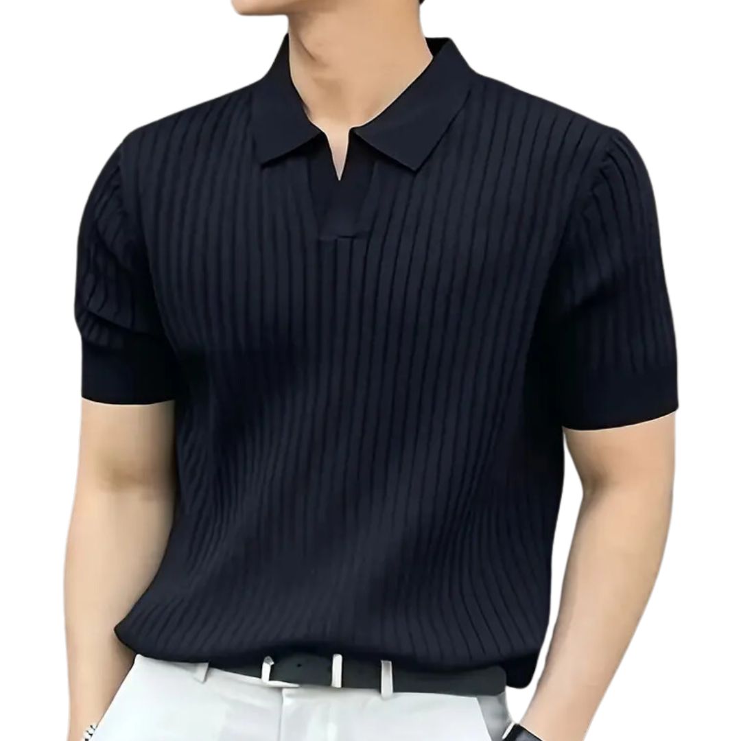 Schwarzes Herren-Poloshirt, gerippt, kurzärmelig, elegantes Design, Freizeitmode.