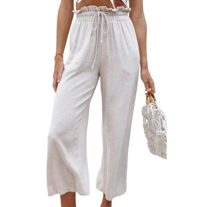 Damen Leinenhose beige, weites Bein, elastischer Bund, Sommermode, lässig, elegant.