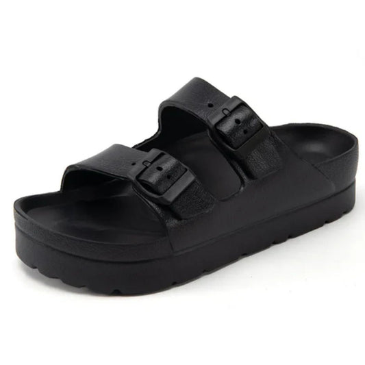 Schwarze Sandale mit zwei Riemen, ergonomisch, rutschfest, ideal für Sommer und Freizeit.