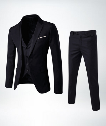 Schwarzer Herrenanzug, dreiteilig, elegant, Slim Fit, für formelle Anlässe.