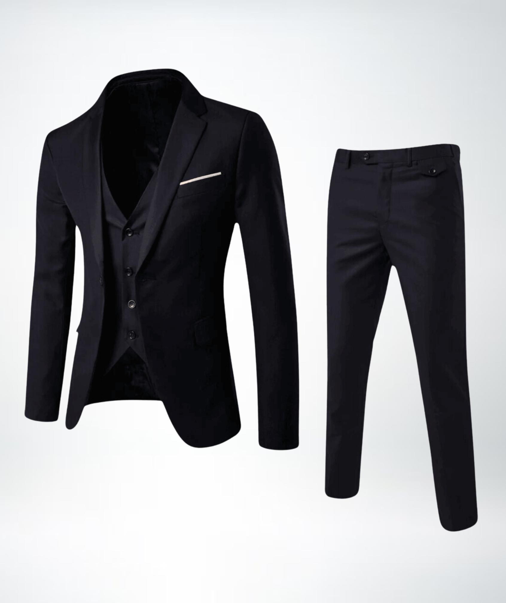 Schwarzer Herrenanzug, dreiteilig, elegant, Sakko, Weste, Hose, formelle Kleidung, Businessmode.