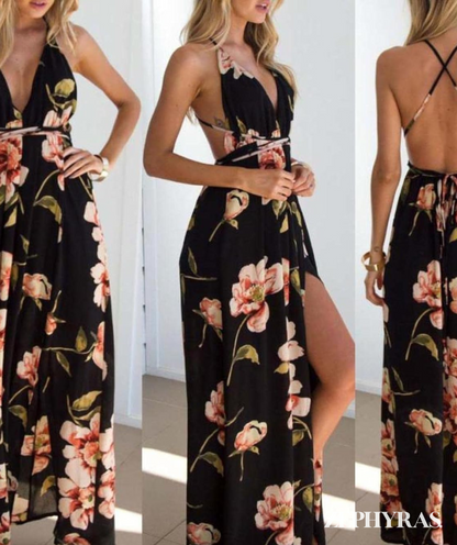 Schwarzes Sommerkleid mit Blumenmuster und lockerem Schnitt – Mayra