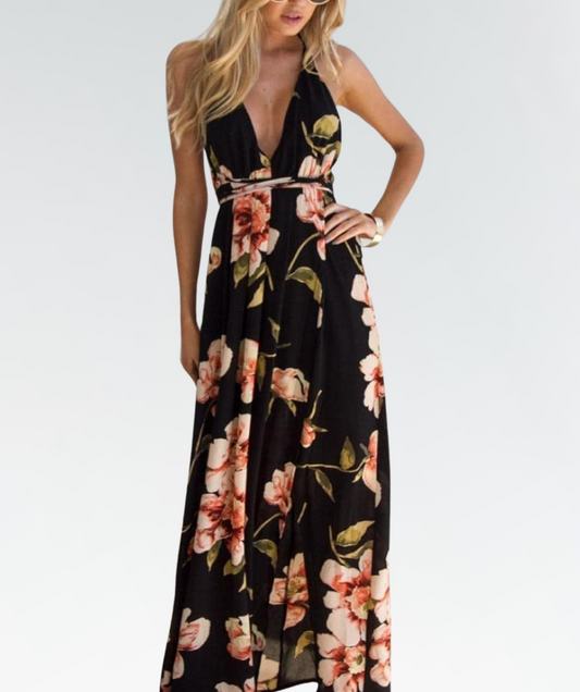 Schwarzes Sommerkleid mit Blumenmuster und lockerem Schnitt – Mayra