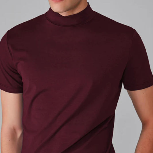 Bordeauxrotes Herren-T-Shirt, Kurzarm, Stehkragen, Baumwolle, modisch, bequem.