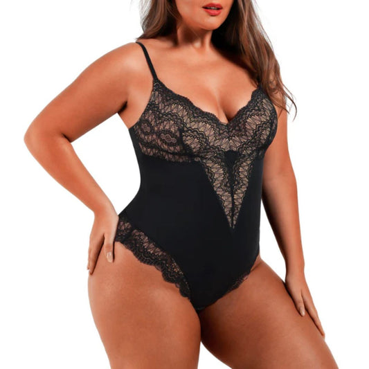 Plus-Size Damenbody aus schwarzer Spitze, verstellbare Träger, sinnliche Unterwäsche.