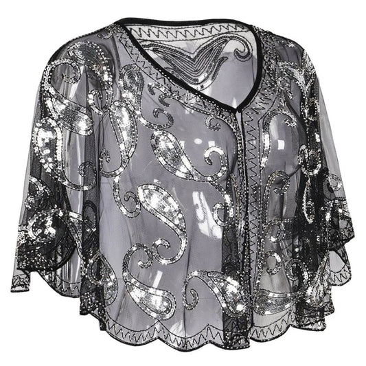 Schwarze Pailletten-Stola, transparent, elegantes Design, Abendmode, Damenbekleidung.