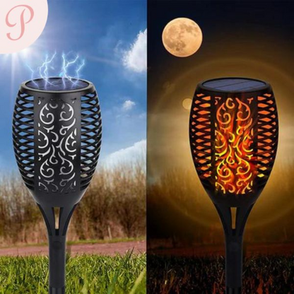Solarbetriebene Gartenfackel mit Flammeneffekt, schwarz, wetterfest, LED, dekorative Beleuchtung.