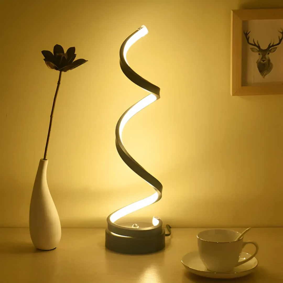Moderne LED-Tischlampe, spiralförmig, warmweißes Licht, dekorativ, Wohnzimmerbeleuchtung.