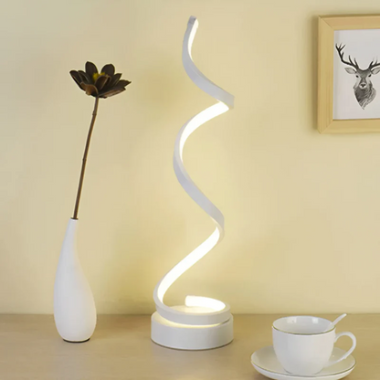 Moderne LED-Tischlampe, spiralförmig, weiß, energiesparend, dekorativ, Wohnzimmerbeleuchtung.