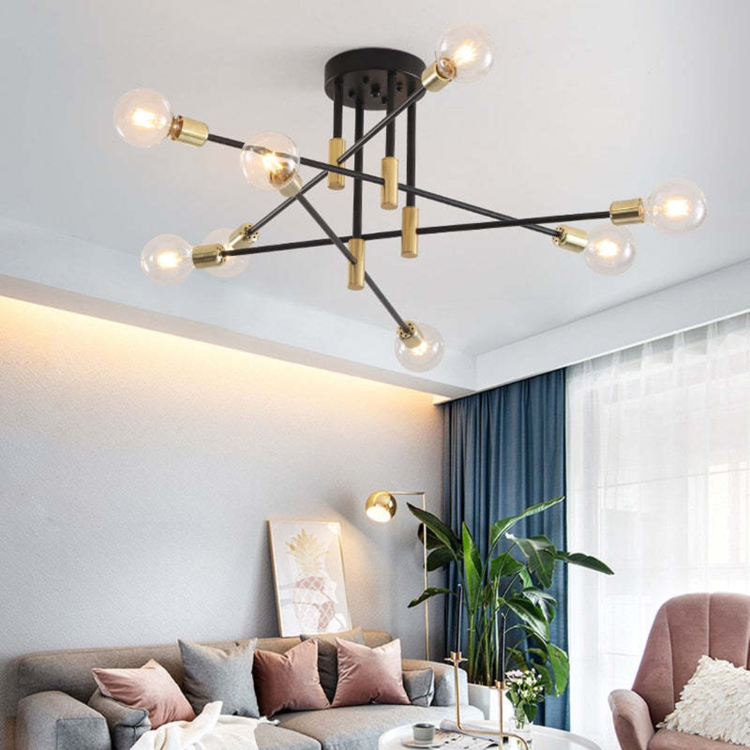 Moderne schwarze Deckenleuchte mit acht Glühbirnen im Wohnzimmer, elegantes Design.