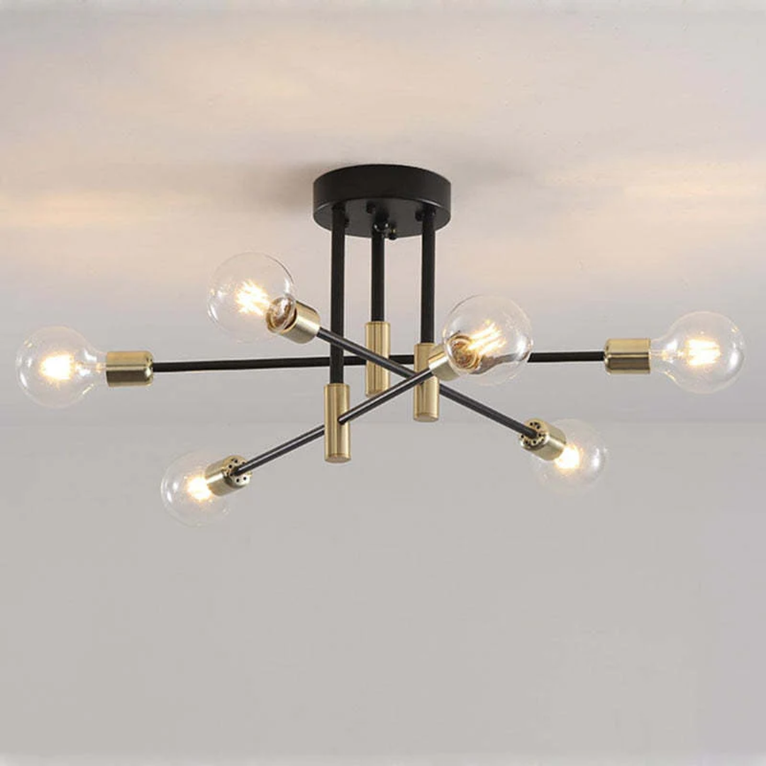 Moderne schwarze Deckenleuchte mit sechs Glühbirnen, industrielles Design, Metall und Glas.