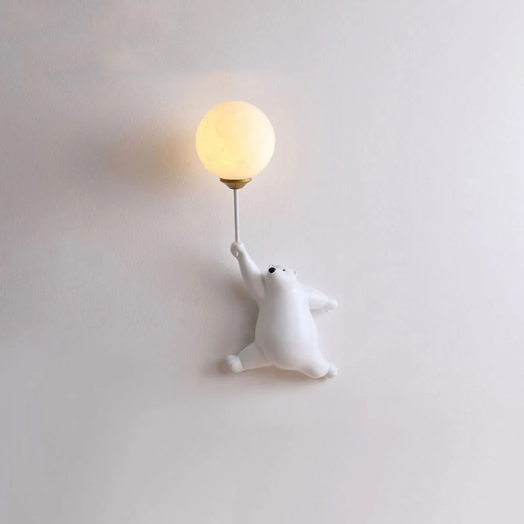 Weiße Bären-Wandleuchte mit rundem, leuchtendem Lampenschirm, modernes Design, Kinderzimmer.