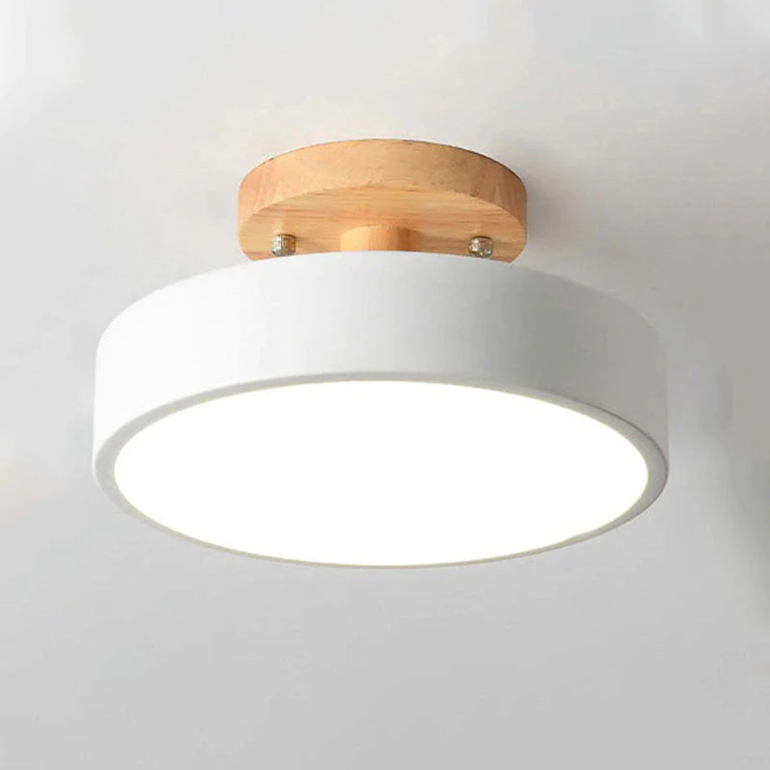 Moderne LED-Deckenleuchte, rund, weiß, Holzoptik, energiesparend, für Wohnzimmer.