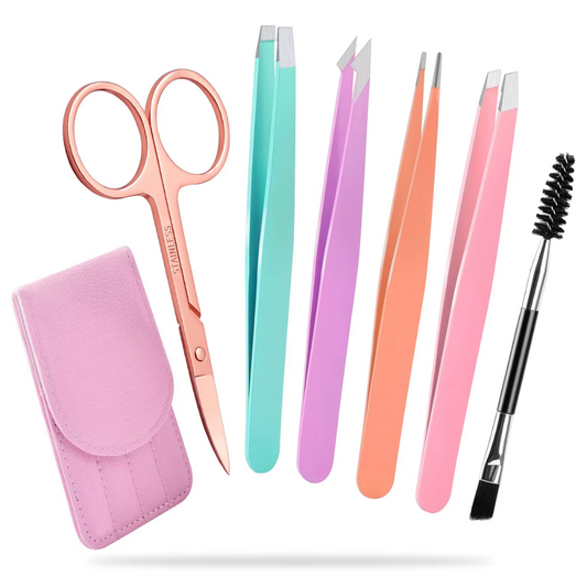 Rosa Maniküre-Set mit Schere, Pinzetten, Bürste und Etui, ideal für Nagelpflege.