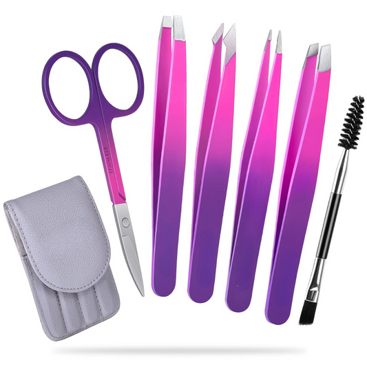 Lila Pinzetten-Set mit Schere, Bürste und Etui, Edelstahl, Augenbrauenpflege-Set.