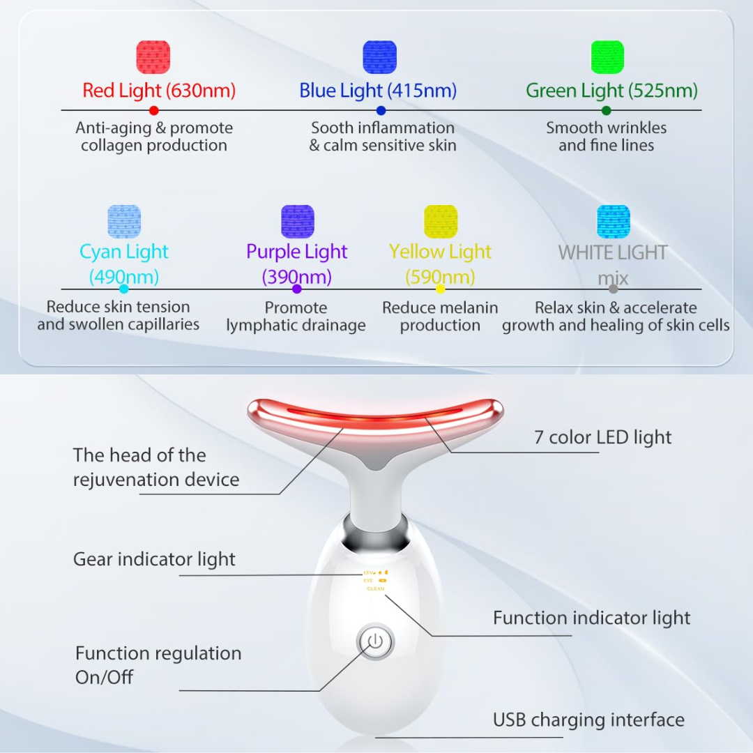 7-Farben-LED-Gesichtsmassagegerät, Anti-Aging, Hautpflege, USB, Lichttherapie, rot, blau, grün.