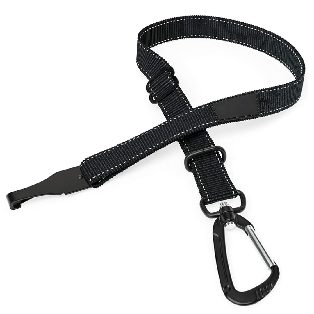 Schwarzer Hundesicherheitsgurt mit Karabiner, verstellbar, strapazierfähig, für Autosicherheit.