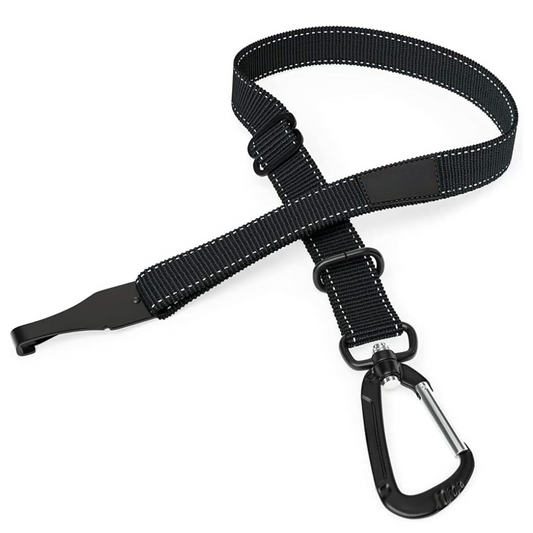 Schwarzer Hundesicherheitsgurt mit Karabiner, verstellbar, strapazierfähig, für Autosicherheit.