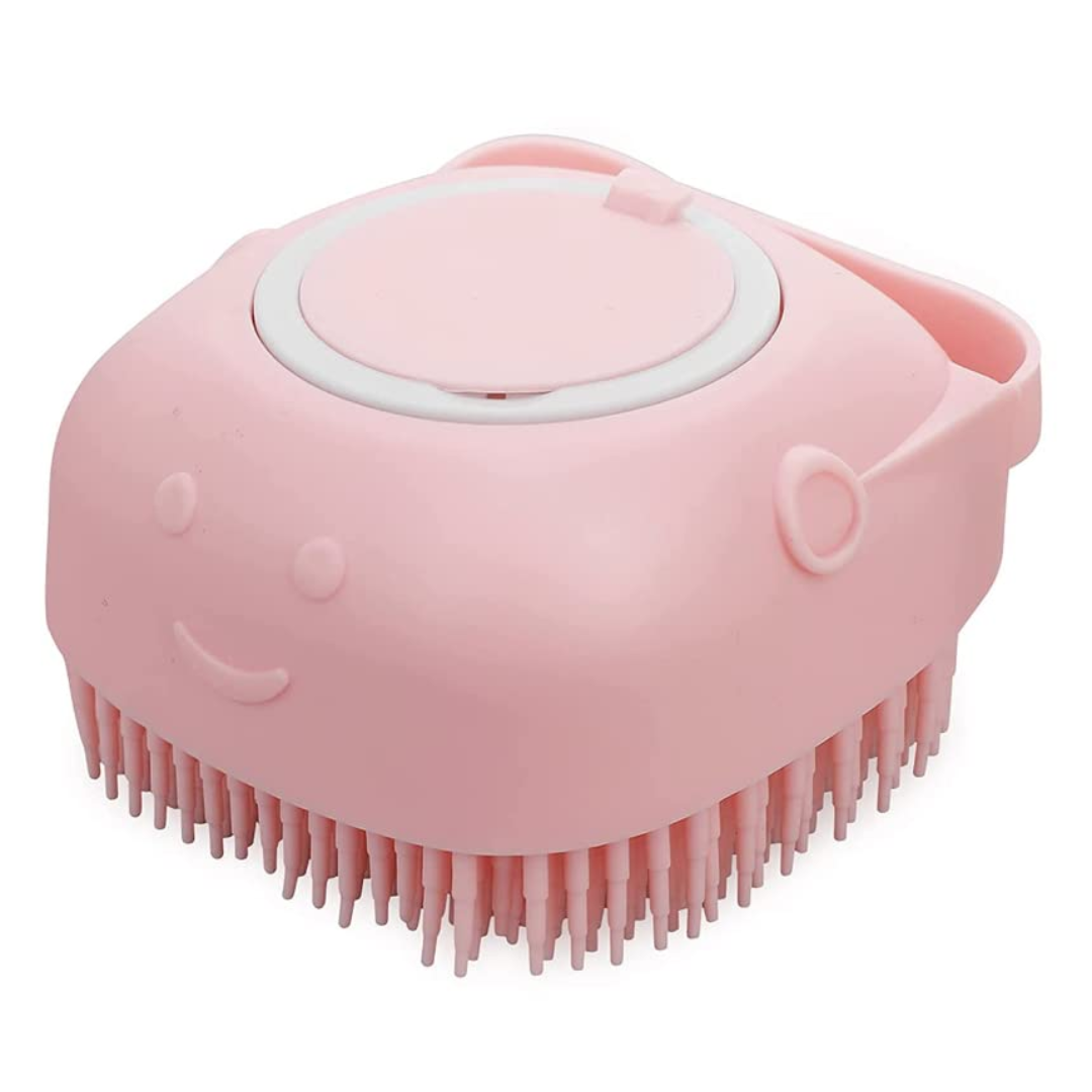 Rosa Silikon-Haarbürste mit weichen Borsten, ergonomisch, für sanfte Kopfhautmassage.