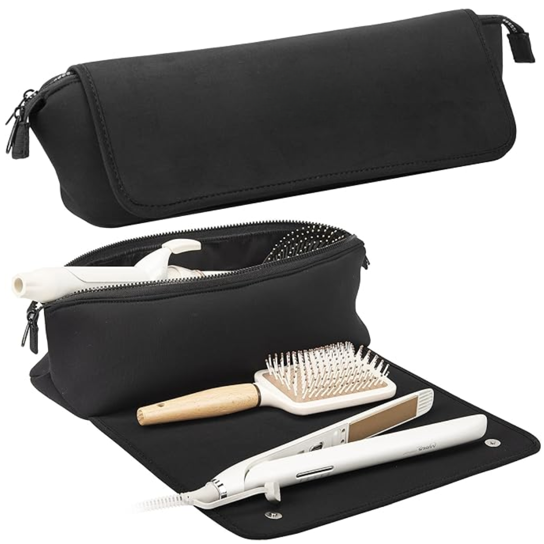 Schwarze Kosmetiktasche mit Reißverschluss, enthält Haarglätter, Bürste, ideal für Reisen.