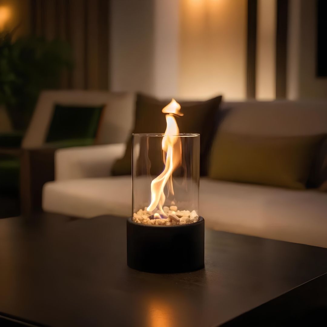 Moderne Tischfeuerstelle Glaszylinder, Flamme, Dekoration Wohnzimmer, stilvoll, gemütlich