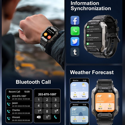 Smartwatch mit Bluetooth-Anruf, Wettervorhersage, Informationssynchronisation, schwarz, robust.