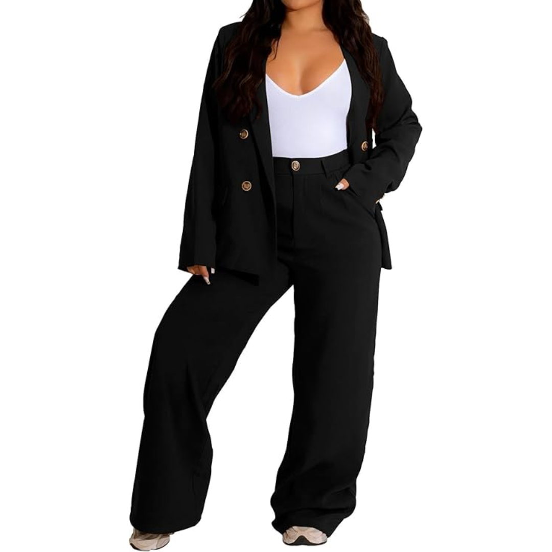 Frau in schwarzem Anzug mit weißem Top, modische Damenbekleidung, Business-Look.