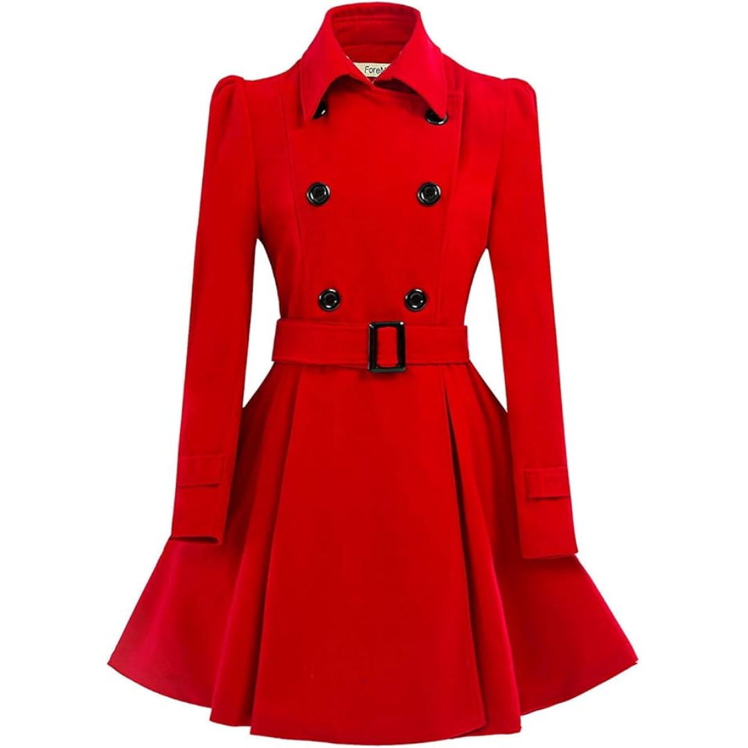 Roter Damenmantel, tailliert, doppelreihig, mit Gürtel, elegantes Design, Herbstmode.