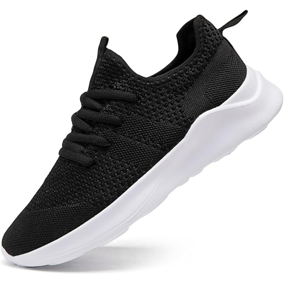 Schwarzer Sneaker aus Strickgewebe mit weißer Sohle, atmungsaktiv, modisch, bequem.