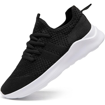 Schwarzer Sneaker aus Strickgewebe mit weißer Sohle, atmungsaktiv, modisch, bequem.