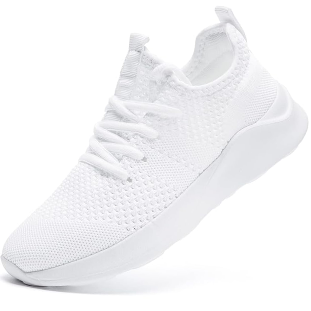 Weiße Sneaker aus Strickmaterial, atmungsaktiv, sportlich, für Damen und Herren.