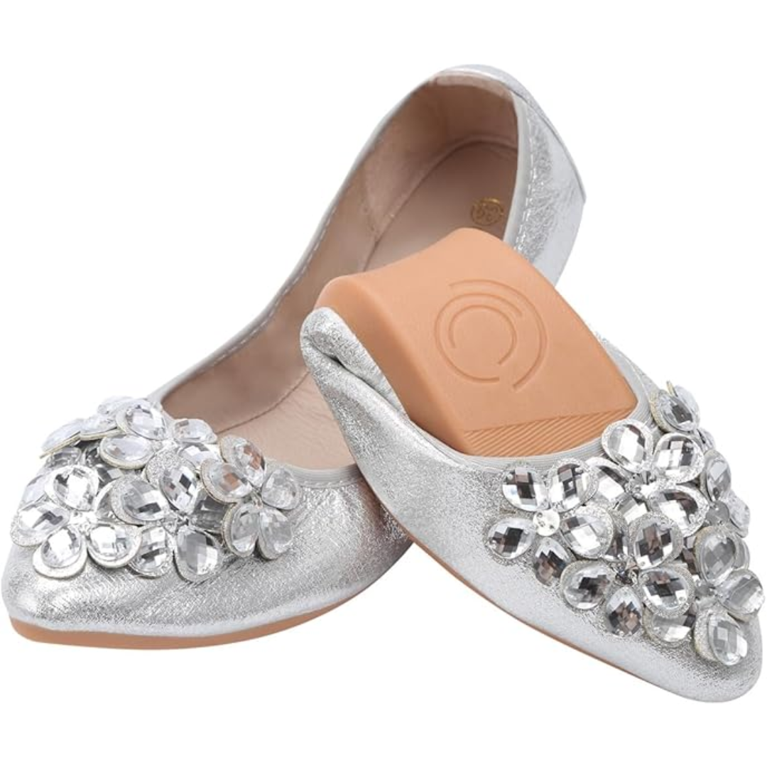Silberne Ballerinas mit Strasssteinen, Damen, flach, elegant, festlich, bequem.