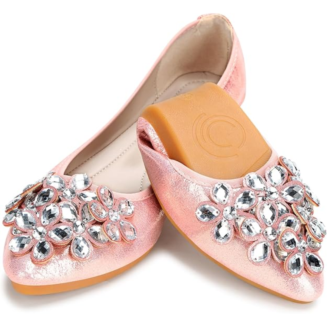 Rosa Ballerinas mit Strasssteinen, Damen, bequem, modisch, flach, elegant, Tanzschuhe.