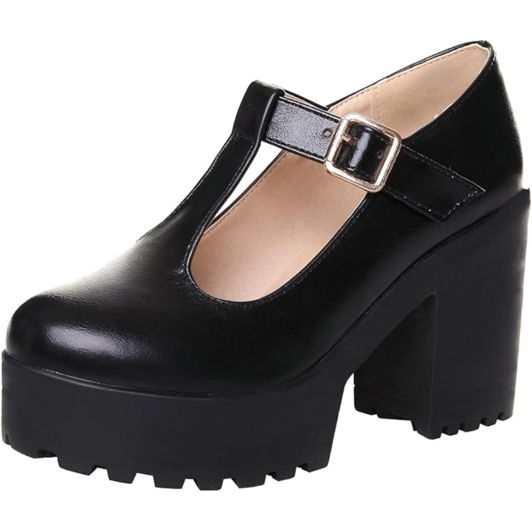 Schwarzer Damen-Plateauschuh mit Blockabsatz und Schnalle, modisch und elegant.