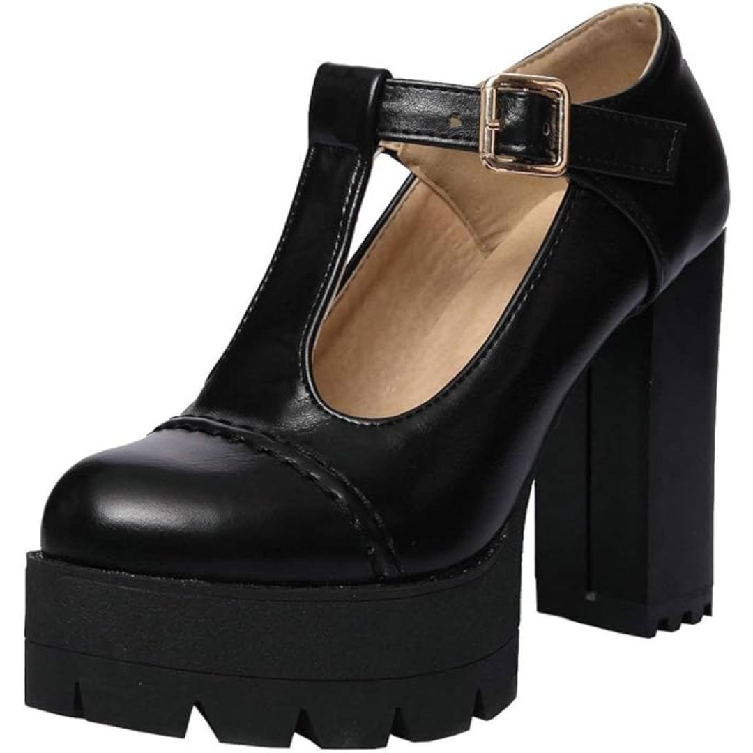 Schwarzer Damen-Plateau-Pumps mit Blockabsatz und Schnalle, elegantes Design, Lederoptik.