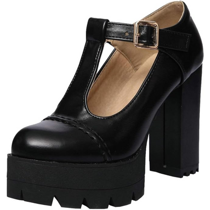 Schwarzer Damen-Plateau-Pumps mit Blockabsatz und Schnalle, elegantes Design, Lederoptik.