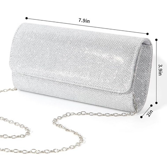 Silberne Glitzer-Clutch mit Kette, 20 cm, elegant, Abendtasche, Damenmode, Accessoire.
