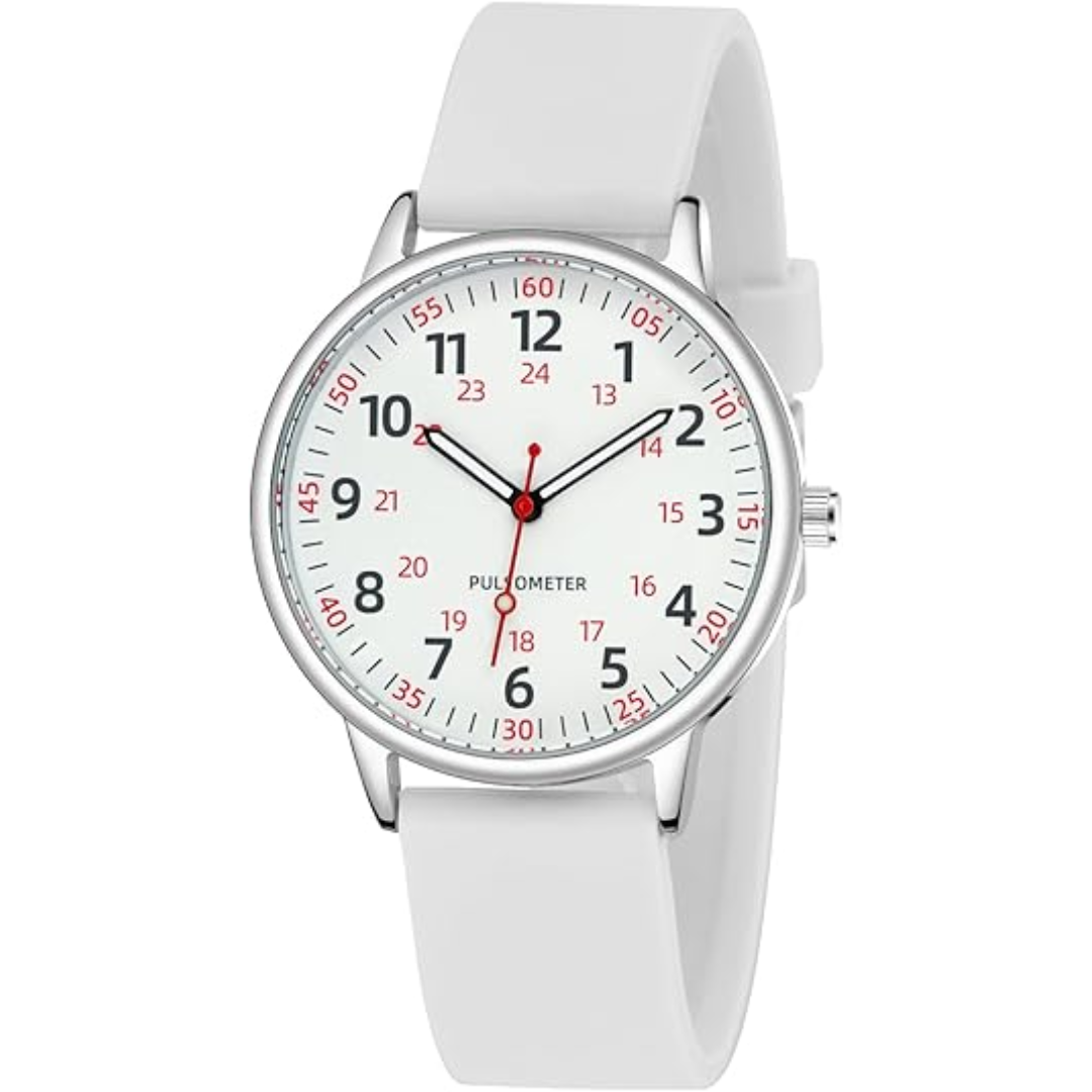 Weiße Armbanduhr mit Pulsmesser, Edelstahlgehäuse, roter Sekundenzeiger, modernes Design.