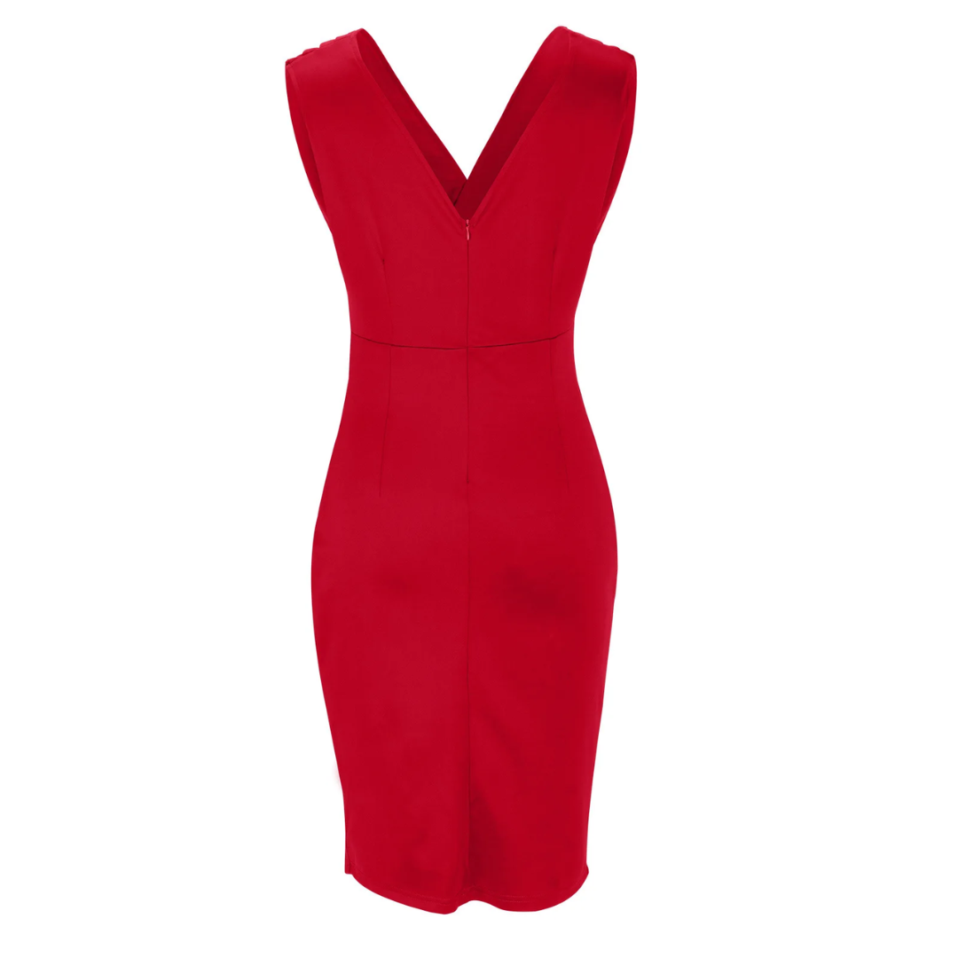 Rotes ärmelloses Etuikleid, V-Ausschnitt, elegantes Design, Damenmode, Abendkleidung.