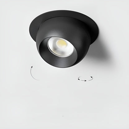 Schwarzer Einbaustrahler mit schwenkbarem Kugelkopf; Pfeile zeigen die Neigung und die Drehung des Lichtkopfs 5