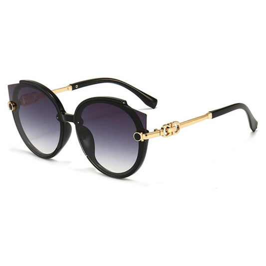 Schwarze Designer-Sonnenbrille mit goldenen Details, runde Gläser, UV-Schutz, modisch.