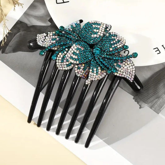 Schwarzer Haarkamm mit türkisfarbenen Strass-Schmetterlingen, elegantes Haaraccessoire.