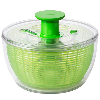 Grüne Salatschleuder aus Kunststoff, transparent, mit Kurbelgriff, Küchengerät für Salat.